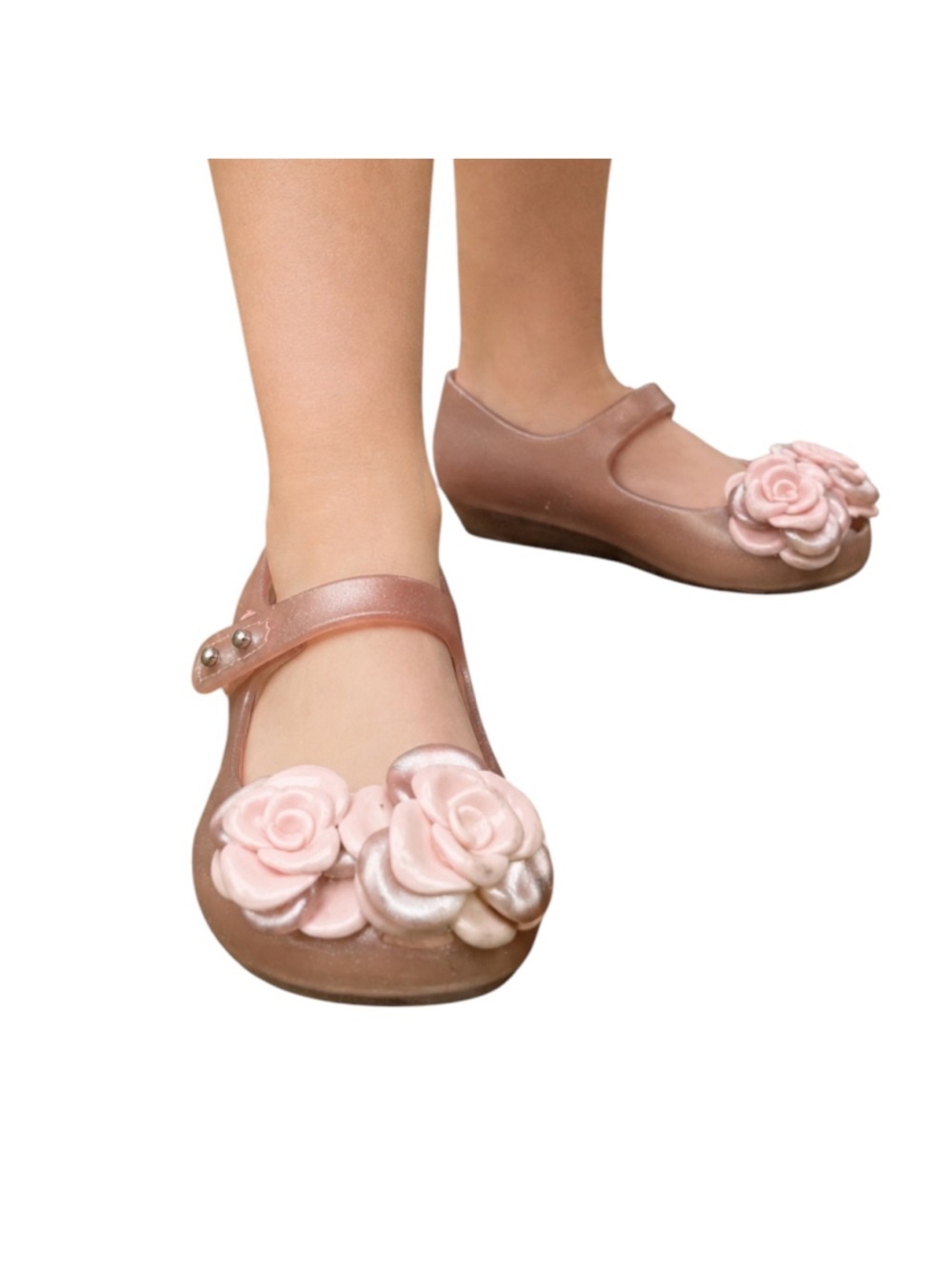 Mini Melissa Girls Size 10 Rose Gold Glitter Floral Jelly Mary Jane Shoes